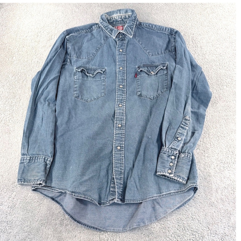 Levi's Denim Western Shirt Womens Large Blue Pearl Snap Long Sleeve Cotton